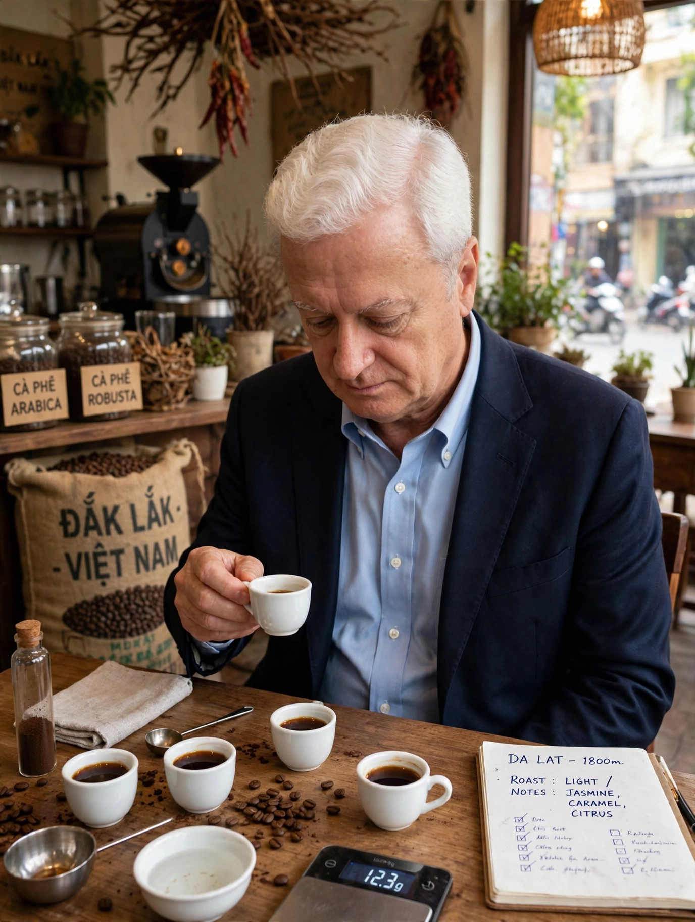 George evaluating Vietnamese coffee samples
